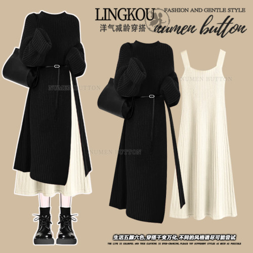 大碼春秋小香風套裝女聖誕紅色長款開叉針織毛衣氣質連衣裙兩件套 大碼春秋小香風套裝女聖誕紅色長款開叉針織毛衣氣質連衣裙兩件套