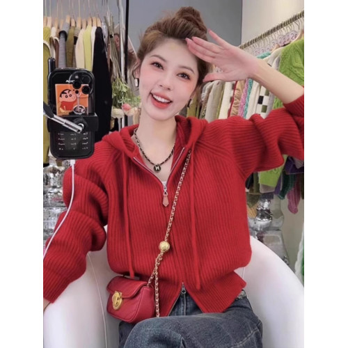 聖誕紅色連帽雙拉鍊針織開衫女秋冬高級感加厚上衣慵懶風毛衣外套 聖誕紅色連帽雙拉鍊針織開衫女秋冬高級感加厚上衣慵懶風毛衣外套