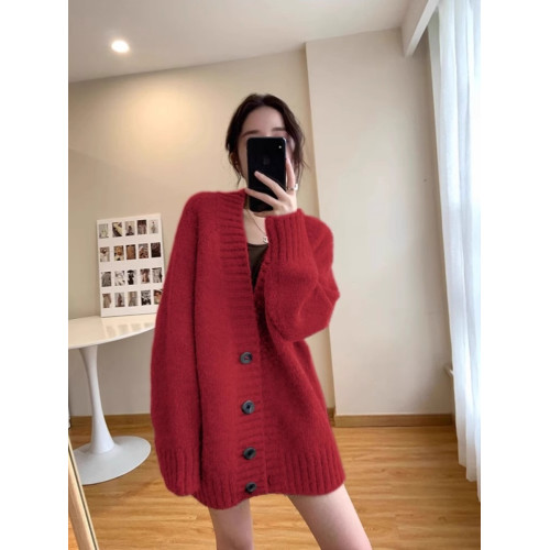 2025聖誕紅色大毛衣外套女加厚慵懶風中長款針織開衫寬松大碼外搭 2025聖誕紅色大毛衣外套女加厚慵懶風中長款針織開衫寬松大碼外搭