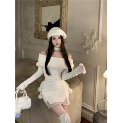 新年戰袍聖誕紅色連衣裙女秋冬性感蕾絲包臀裙一字肩毛毛掛脖裙子