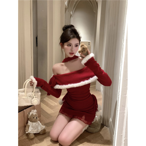 新年戰袍聖誕紅色連衣裙女秋冬性感蕾絲包臀裙一字肩毛毛掛脖裙子 新年戰袍聖誕紅色連衣裙女秋冬性感蕾絲包臀裙一字肩毛毛掛脖裙子