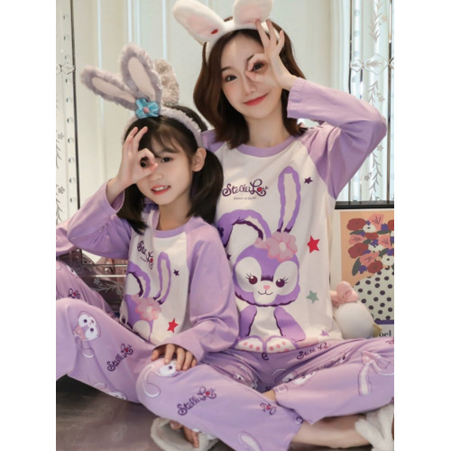 洋氣母女睡衣純棉長袖親子裝春秋季可愛女孩中大童卡通兒童家居服