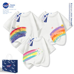 NASA聯名兒童節親子裝2025新款一家三口彩虹純棉短袖T恤全家上衣