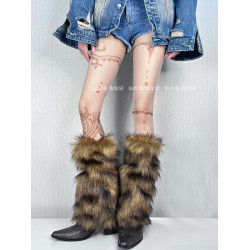 Y2K黃棕色漸變毛毛襪套女秋冬美拉德復古保暖仿狐狸皮草毛絨腿套