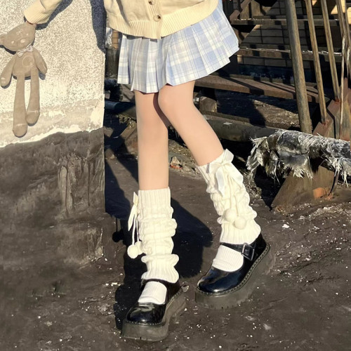 可愛lolita腿套日系秋冬針織保暖蝴蝶結襪套jk帶毛球的白色堆堆襪 可愛lolita腿套日系秋冬針織保暖蝴蝶結襪套jk帶毛球的白色堆堆襪