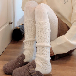 米白色羊毛鏤空堆堆小腿襪女秋冬款加厚保暖菸灰色中筒襪甜美襪子