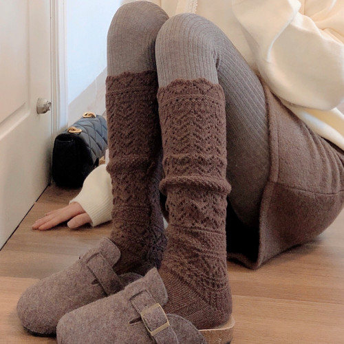 米白色羊毛鏤空堆堆小腿襪女秋冬款加厚保暖菸灰色中筒襪甜美襪子 米白色羊毛鏤空堆堆小腿襪女秋冬款加厚保暖菸灰色中筒襪甜美襪子