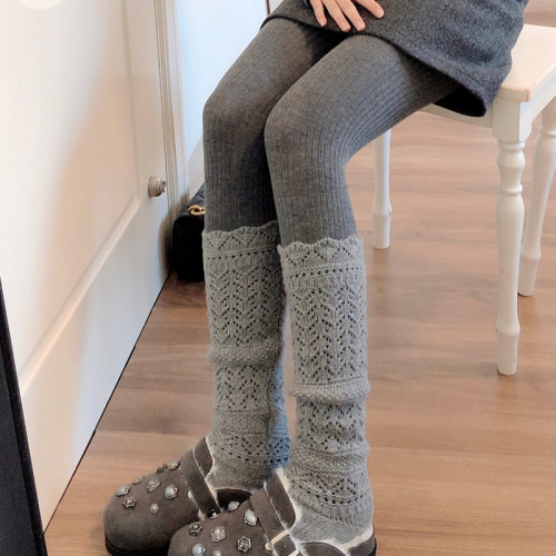 米白色羊毛鏤空堆堆小腿襪女秋冬款加厚保暖菸灰色中筒襪甜美襪子 米白色羊毛鏤空堆堆小腿襪女秋冬款加厚保暖菸灰色中筒襪甜美襪子