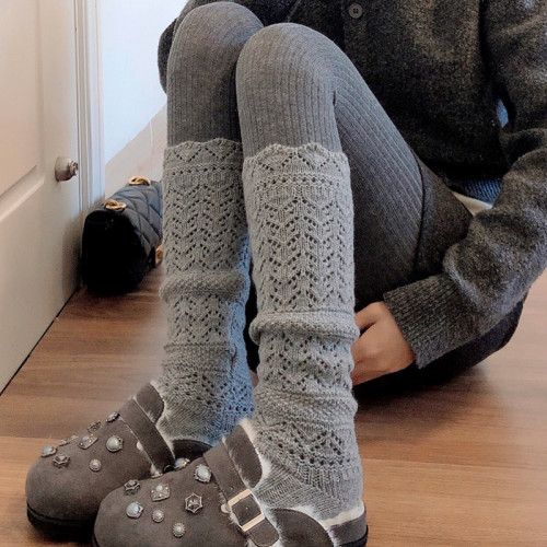 米白色羊毛鏤空堆堆小腿襪女秋冬款加厚保暖菸灰色中筒襪甜美襪子 米白色羊毛鏤空堆堆小腿襪女秋冬款加厚保暖菸灰色中筒襪甜美襪子