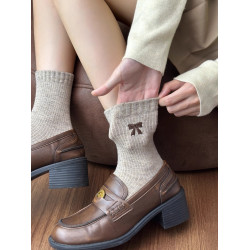 美拉德襪子女款秋冬純棉中筒襪ins潮韓系蝴蝶結咖色長筒襪樂福鞋