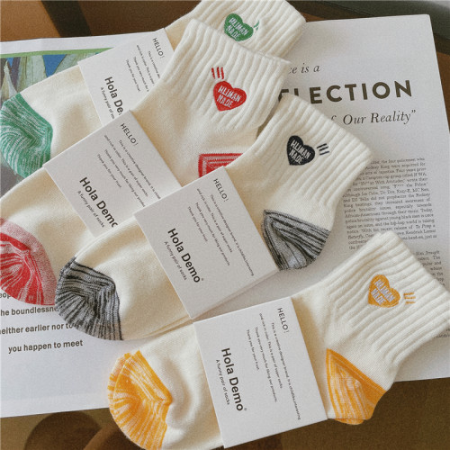 4雙男士襪子夏季薄款短筒防臭愛心刺綉短襪純棉潮流白襪女情侶款