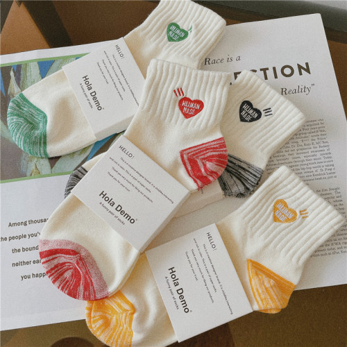 4雙男士襪子夏季薄款短筒防臭愛心刺綉短襪純棉潮流白襪女情侶款