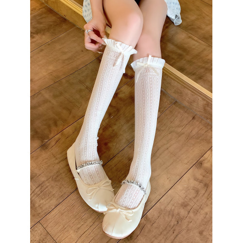 蝴蝶結蕾絲襪子女春秋季款中筒芭蕾風Lolita瑪麗珍白色花邊堆堆襪 蝴蝶結蕾絲襪子女春秋季款中筒芭蕾風Lolita瑪麗珍白色花邊堆堆襪
