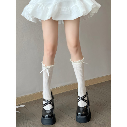 蝴蝶結蕾絲襪子女春秋季款中筒芭蕾風Lolita瑪麗珍白色花邊堆堆襪 蝴蝶結蕾絲襪子女春秋季款中筒芭蕾風Lolita瑪麗珍白色花邊堆堆襪