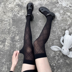 夜間教習室長筒襪女春秋款過膝黑色襪子菱格大腿jk高筒絲襪日系夏
