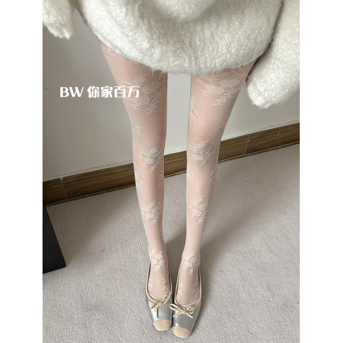 復古薔薇玫瑰花朵防勾絲奶白色連褲襪甜美jk刺綉法式絲襪女打底襪 復古薔薇玫瑰花朵防勾絲奶白色連褲襪甜美jk刺綉法式絲襪女打底襪