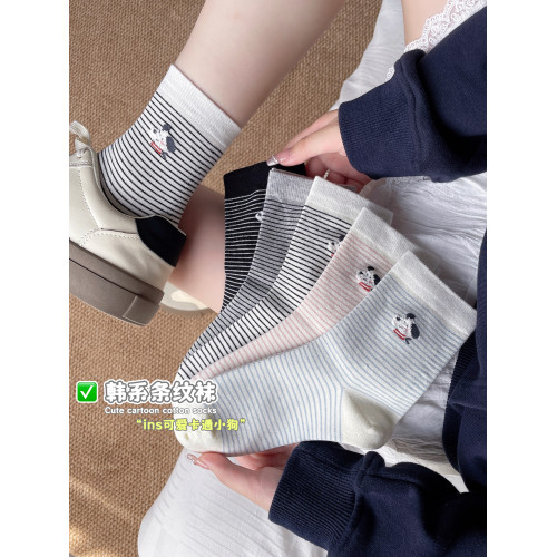 韓系甜美風純棉襪子女生卡通小狗細條紋短襪初中生防臭中筒無骨襪 韓系甜美風純棉襪子女生卡通小狗細條紋短襪初中生防臭中筒無骨襪
