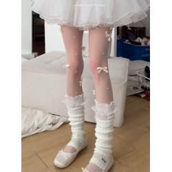 【4雙裝】春秋新款白絲襪子日系芭蕾風白色蝴蝶結手工珍珠連褲襪