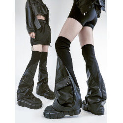 Solost 暗黑機能風腿套RO螺紋皮質拼接立體口袋小衆過膝喇叭襪套