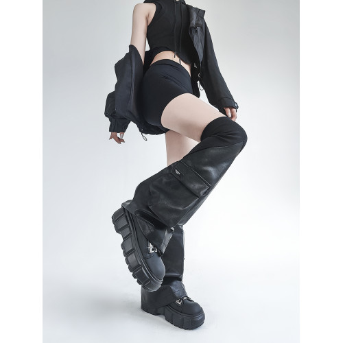 Solost 暗黑機能風腿套RO螺紋皮質拼接立體口袋小衆過膝喇叭襪套 Solost 暗黑機能風腿套RO螺紋皮質拼接立體口袋小衆過膝喇叭襪套