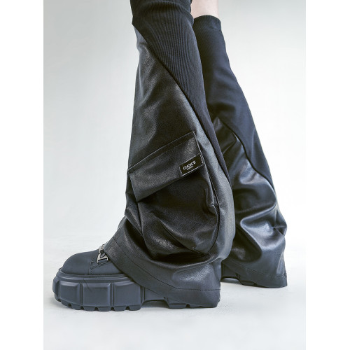 Solost 暗黑機能風腿套RO螺紋皮質拼接立體口袋小衆過膝喇叭襪套 Solost 暗黑機能風腿套RO螺紋皮質拼接立體口袋小衆過膝喇叭襪套