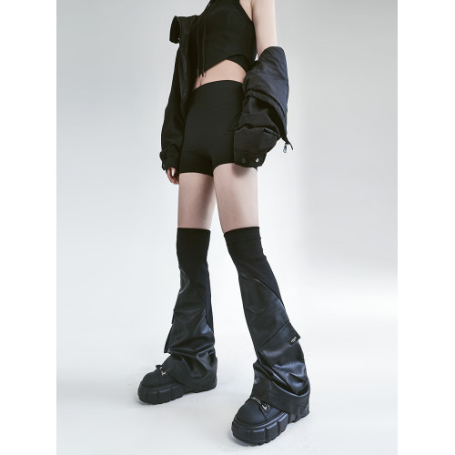 Solost 暗黑機能風腿套RO螺紋皮質拼接立體口袋小衆過膝喇叭襪套 Solost 暗黑機能風腿套RO螺紋皮質拼接立體口袋小衆過膝喇叭襪套