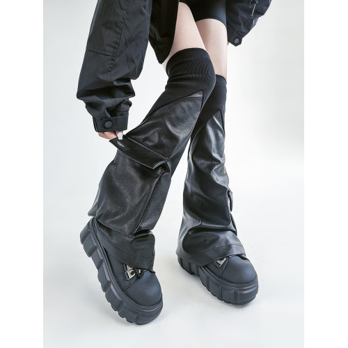 Solost 暗黑機能風腿套RO螺紋皮質拼接立體口袋小衆過膝喇叭襪套 Solost 暗黑機能風腿套RO螺紋皮質拼接立體口袋小衆過膝喇叭襪套