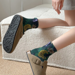 日系金錢豹動物花朵創意圖案中筒襪子女秋冬復古文藝立體浮雕女襪