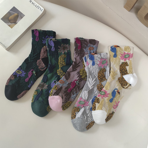 日系金錢豹動物花朵創意圖案中筒襪子女秋冬復古文藝立體浮雕女襪 日系金錢豹動物花朵創意圖案中筒襪子女秋冬復古文藝立體浮雕女襪