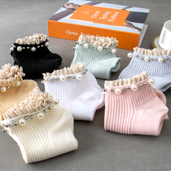 花邊珍珠襪子女ins潮棉襪短襪夏天女生百搭雙針女士春夏季短筒襪