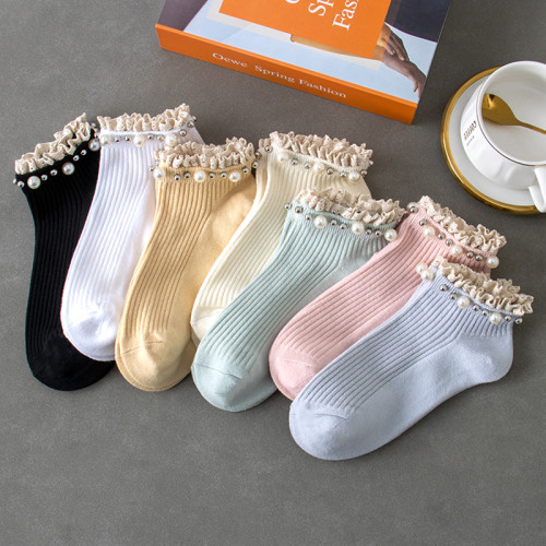 花邊珍珠襪子女ins潮棉襪短襪夏天女生百搭雙針女士春夏季短筒襪