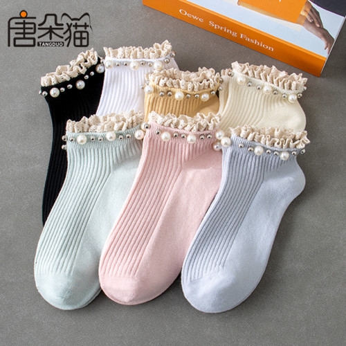 花邊珍珠襪子女ins潮棉襪短襪夏天女生百搭雙針女士春夏季短筒襪