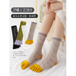女款五指襪立體浮雕春夏超薄純棉中筒襪新款宮廷復古風長筒分趾襪