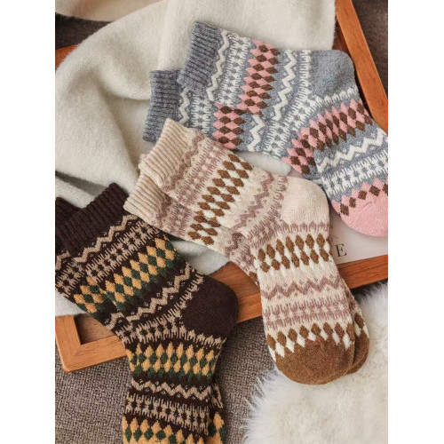 復古費爾島襪子女秋冬季中筒襪羊毛加絨加厚保暖冬天民族風長筒襪 復古費爾島襪子女秋冬季中筒襪羊毛加絨加厚保暖冬天民族風長筒襪