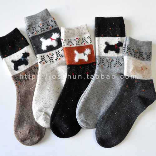滿49 北歐費爾島毛絨復古小狗秋冬羊毛中筒襪保暖加厚堆堆襪