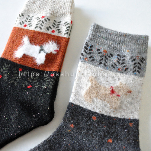 滿49 北歐費爾島毛絨復古小狗秋冬羊毛中筒襪保暖加厚堆堆襪