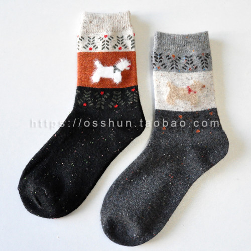 滿49 北歐費爾島毛絨復古小狗秋冬羊毛中筒襪保暖加厚堆堆襪