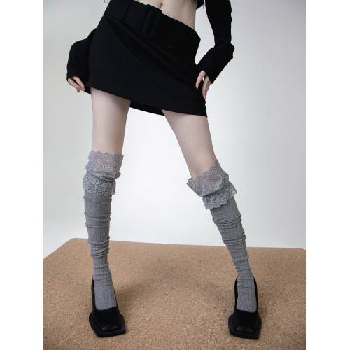 SS2L秋冬暗黑辣妹風蕾絲襪口拼接純色過膝大腿襪長筒襪子女堆堆襪 SS2L秋冬暗黑辣妹風蕾絲襪口拼接純色過膝大腿襪長筒襪子女堆堆襪