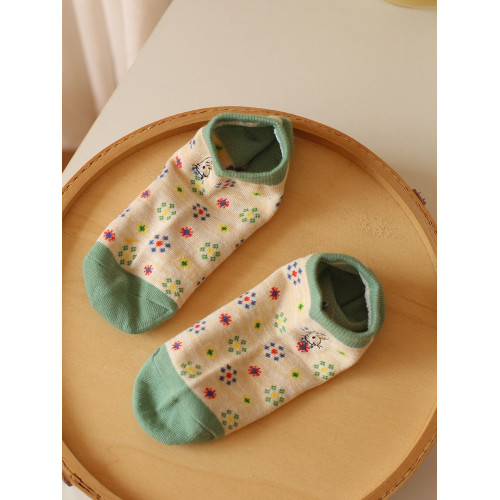 日系ins田園風小碎花低幫淺口純色船襪女刺綉兔子純棉休閒短襪子