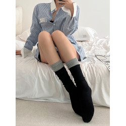 簡約ins假兩件拼色堆堆襪小腿襪女秋冬白色襪子中筒襪miu新款棉襪