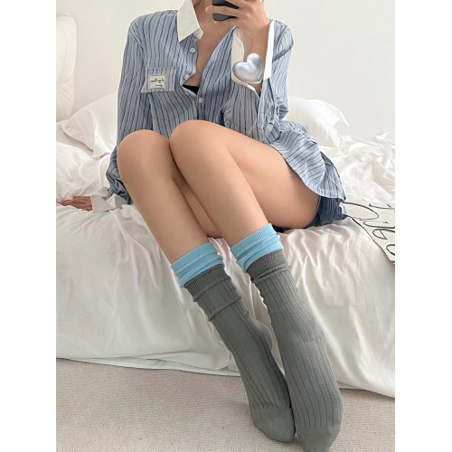 簡約ins假兩件拼色堆堆襪小腿襪女秋冬白色襪子中筒襪miu新款棉襪 簡約ins假兩件拼色堆堆襪小腿襪女秋冬白色襪子中筒襪miu新款棉襪