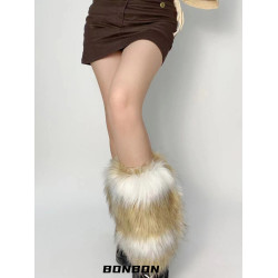 BON 復古摩登咖色毛毛鞋套仿皮草靴子襪套千禧風辣妹腿套y2k秋冬