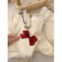 花邊襪子女可愛洛麗塔日系jk蕾絲襪lolita純棉奶白色蝴蝶結中筒襪