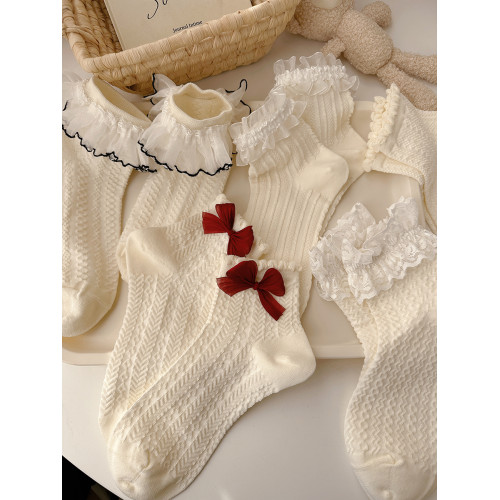 花邊襪子女可愛洛麗塔日系jk蕾絲襪lolita純棉奶白色蝴蝶結中筒襪 花邊襪子女可愛洛麗塔日系jk蕾絲襪lolita純棉奶白色蝴蝶結中筒襪