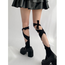 夜間教習室黑色小腿襪女夏薄款透氣日系辣妹腿套y2k交叉綁帶襪子