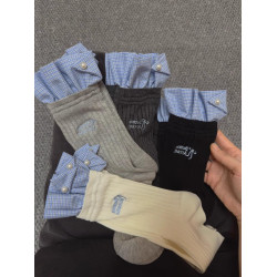 miu系襪子女中筒春季龐克芭蕾風蝴蝶結珍珠堆堆襪飾品藍格子花邊