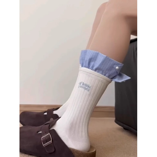 miu系襪子女中筒春季龐克芭蕾風蝴蝶結珍珠堆堆襪飾品藍格子花邊 miu系襪子女中筒春季龐克芭蕾風蝴蝶結珍珠堆堆襪飾品藍格子花邊