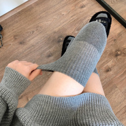 菸灰色過膝襪女秋冬季加絨羊毛大腿襪保暖高筒襪加厚米白色長筒襪