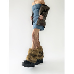 西部牛仔風毛毛腿套棕色復古辣妹仿皮草襪套歐美長毛靴襪保暖顯瘦