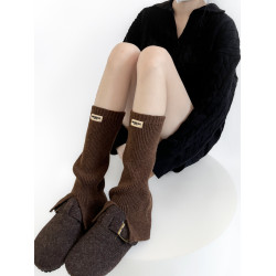 洞洞妖 MIU風字母襪套秋冬羊毛針織布標開叉曡穿中筒保暖配雪地靴